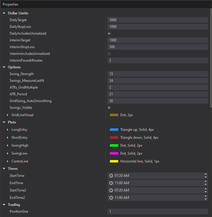 Grid Pro settings panel in NinjaTrader showing configuration options